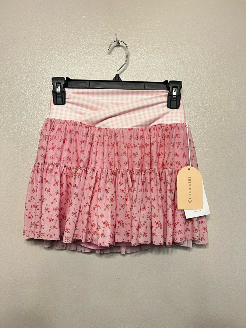 Floral Pink Tiered Mini Skort Ruffle with Gingham Waistband Sz XS Cottagecore‎